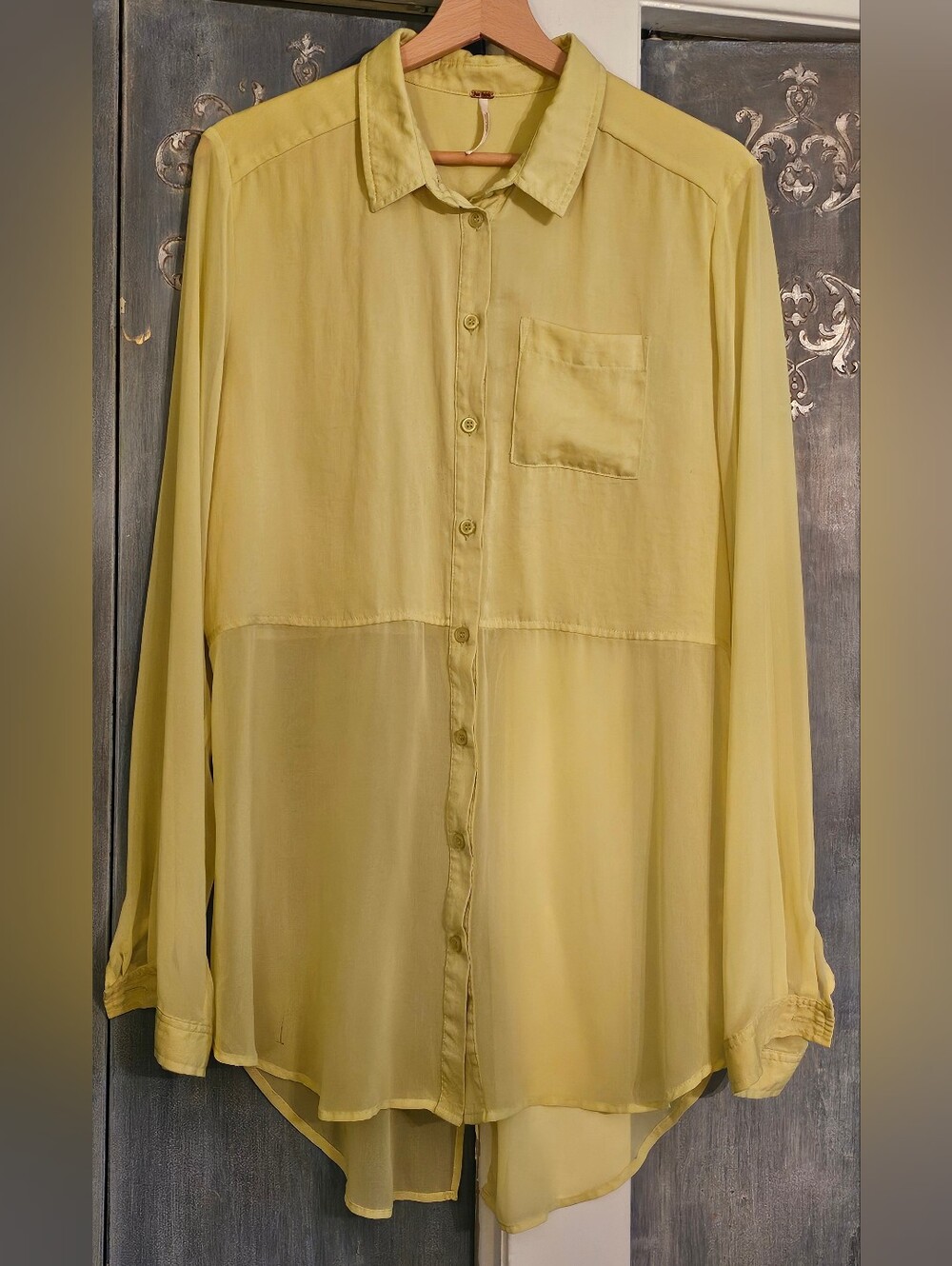 Free People "Best of Both Worlds" Sheer Button-Down Tunic Shirt -Neon Yellow (L)